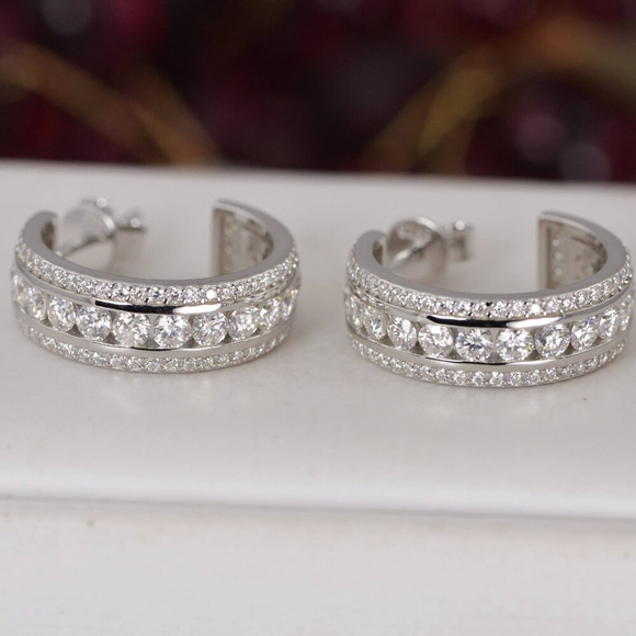 NWT Certified All Moissanite Brilliant Round Cut Hoop Earrings 925 Sterling